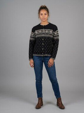 Vintage Jersild Womens XL Cardigan Sweater Black Cream Fair Isle Nordic Button F